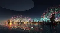 Concept artwork of a group of people standing in a light display with projected dot paintings