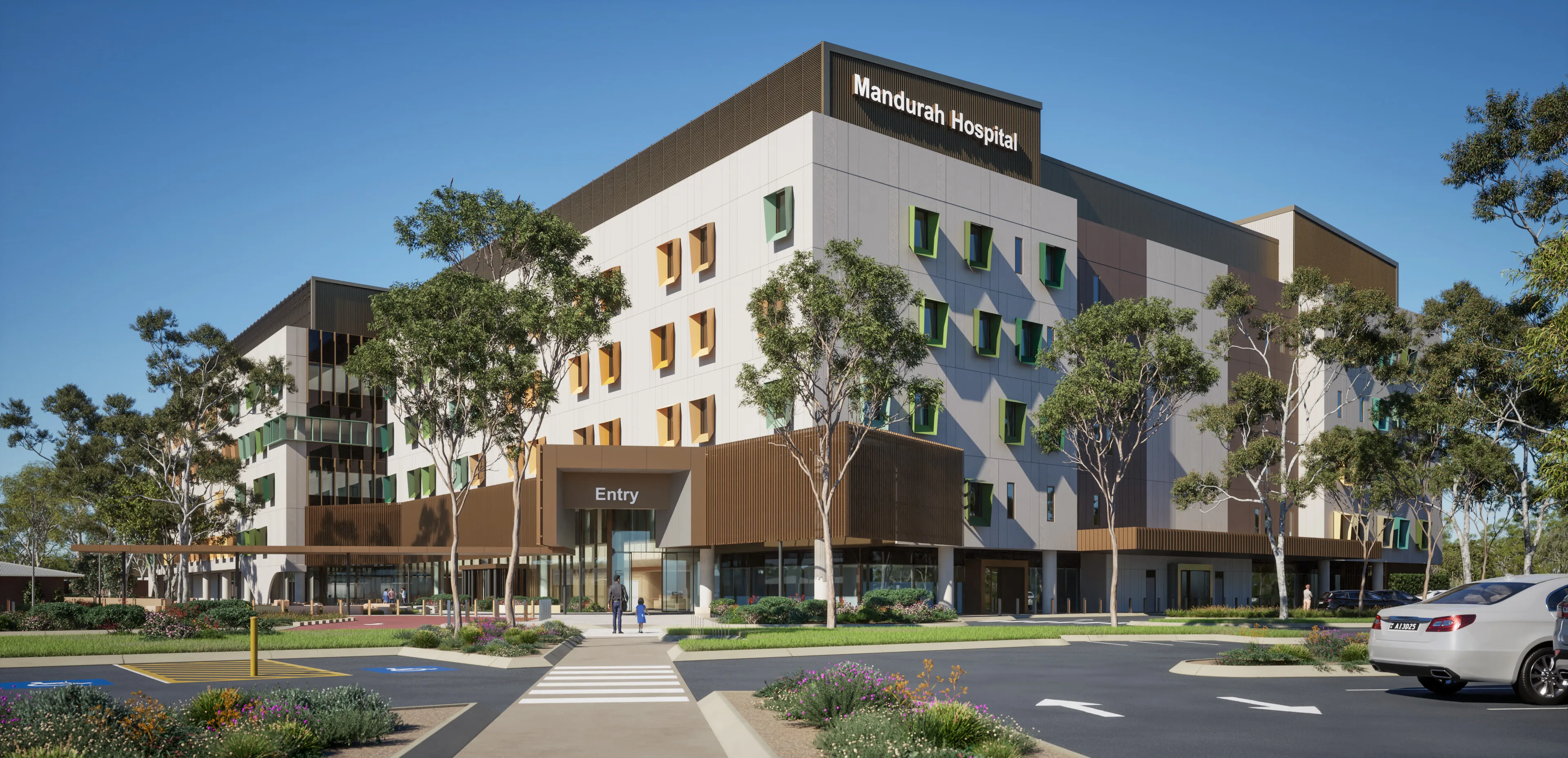 Artist’s impression of the new Mandurah Hospital main building with car park in front. 