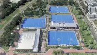 Artist Impression of an aerial view of the new hockey centre with four fields and a building