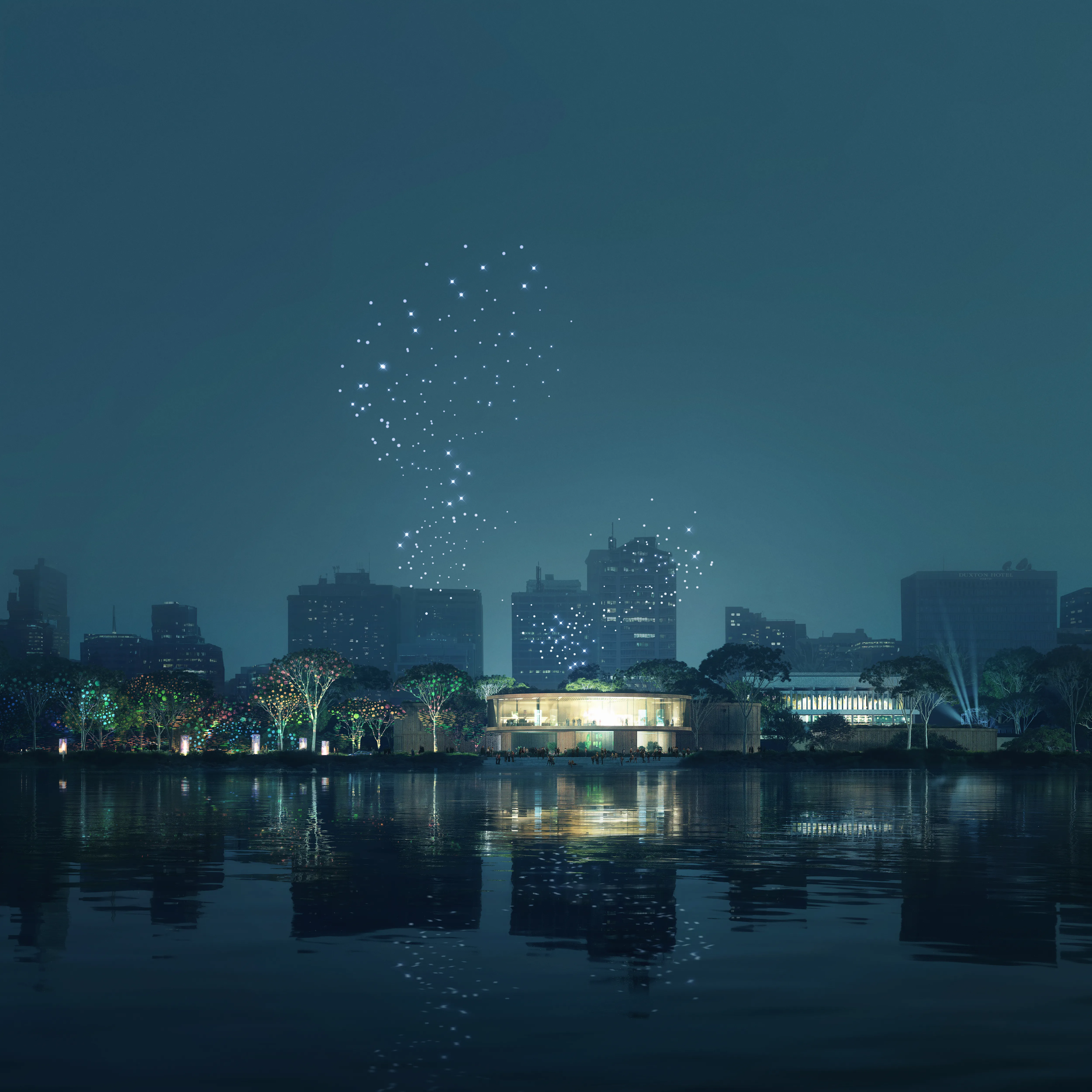 a city skyline with fireworks in the sky
