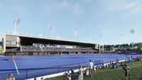 Artist impression of a hockey field with people watching a game