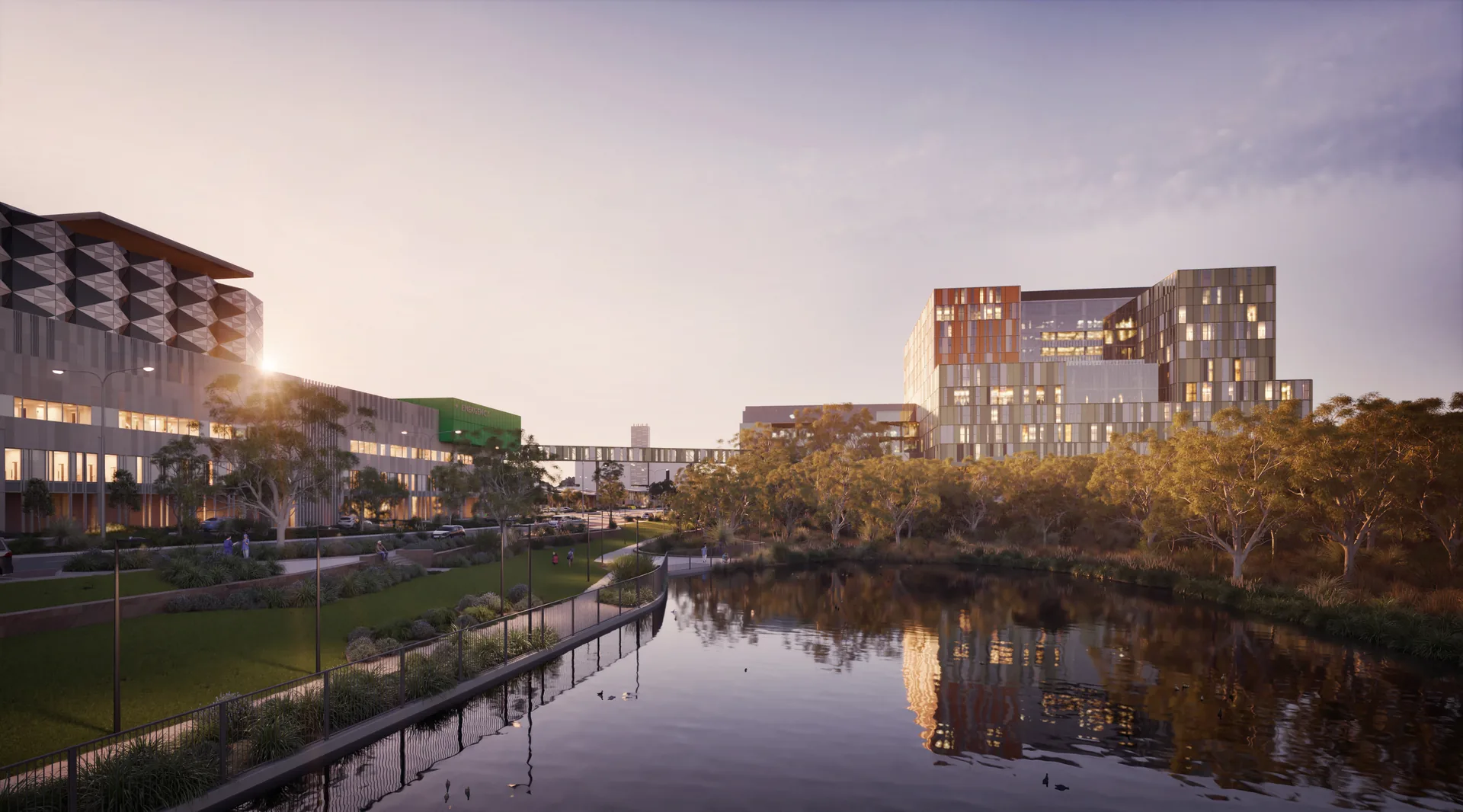 a body of water with buildings and trees