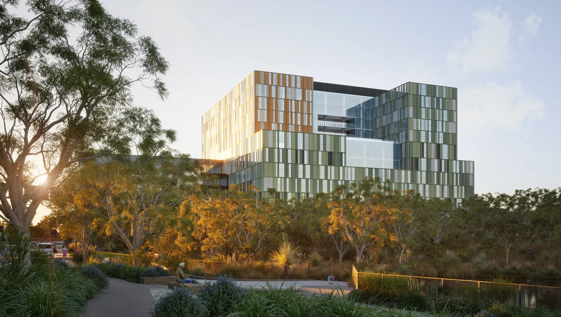 Artist impression of the new hospital building with trees in the foreground