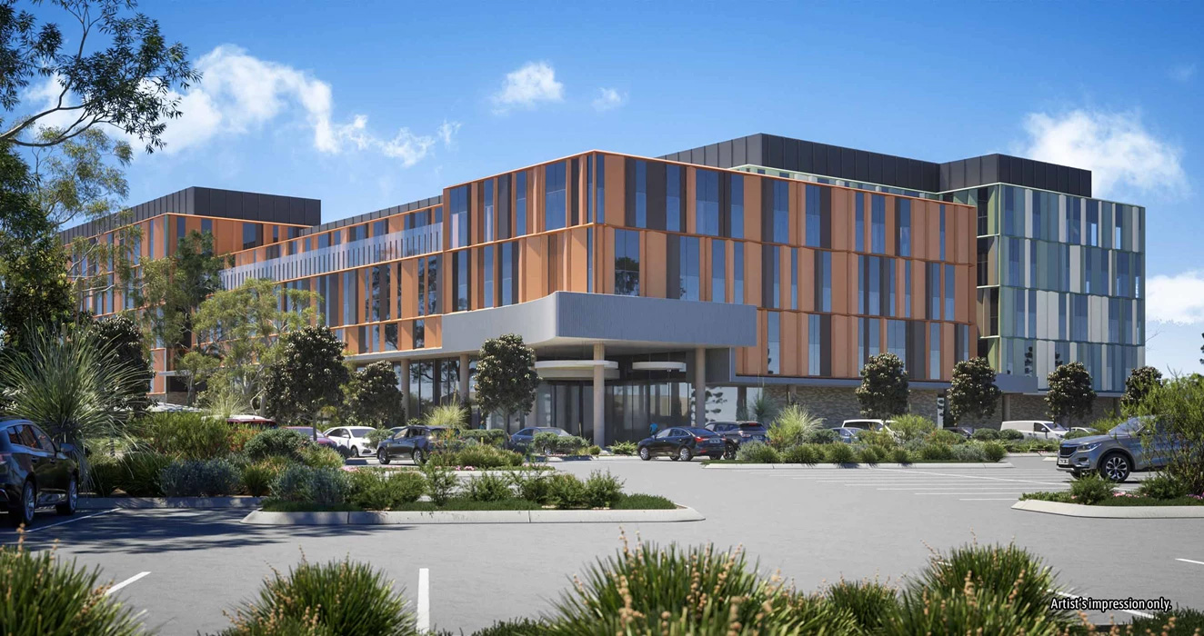 Artist impression of the new hospital exterior including carpark