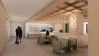 a reception area with people in the background