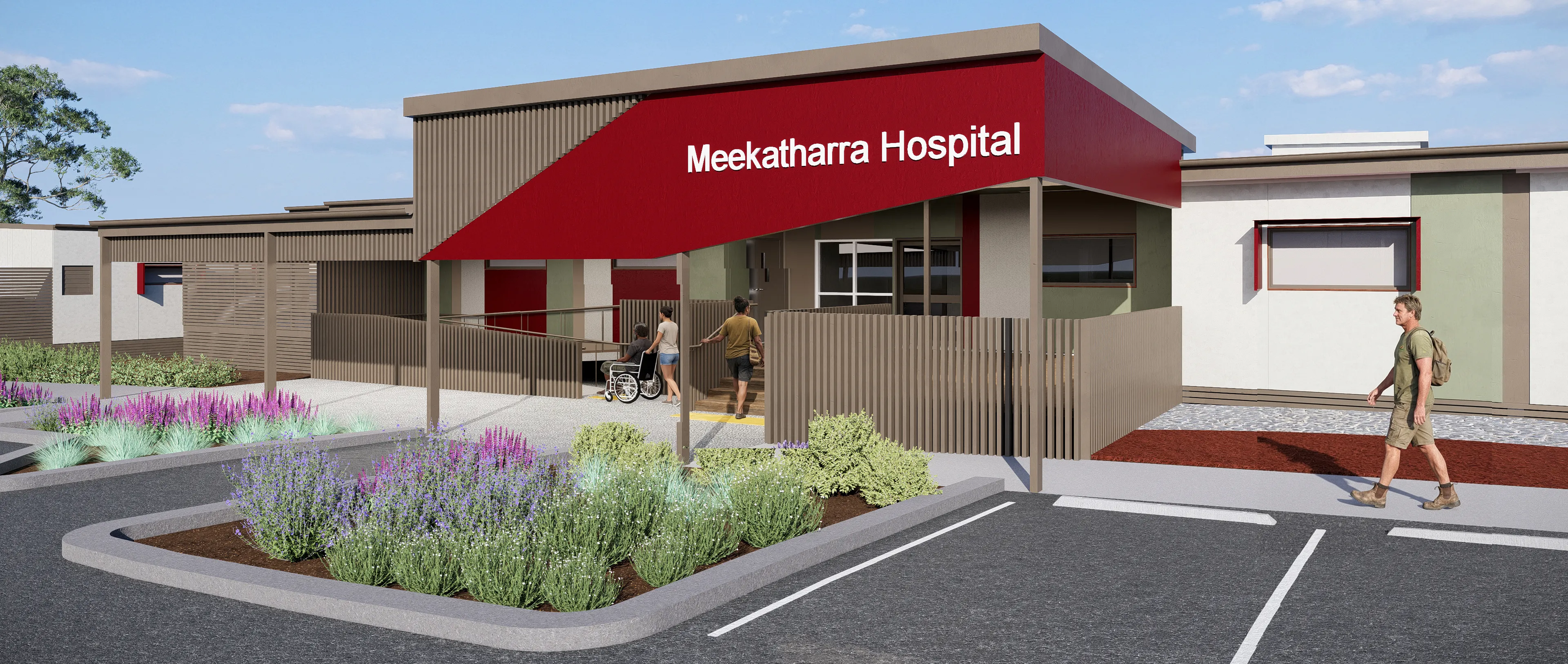 Artist’s impression of the main entrance of the Meekatharra Hospital Redevelopment, right view.  
