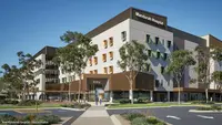 a building with trees around it