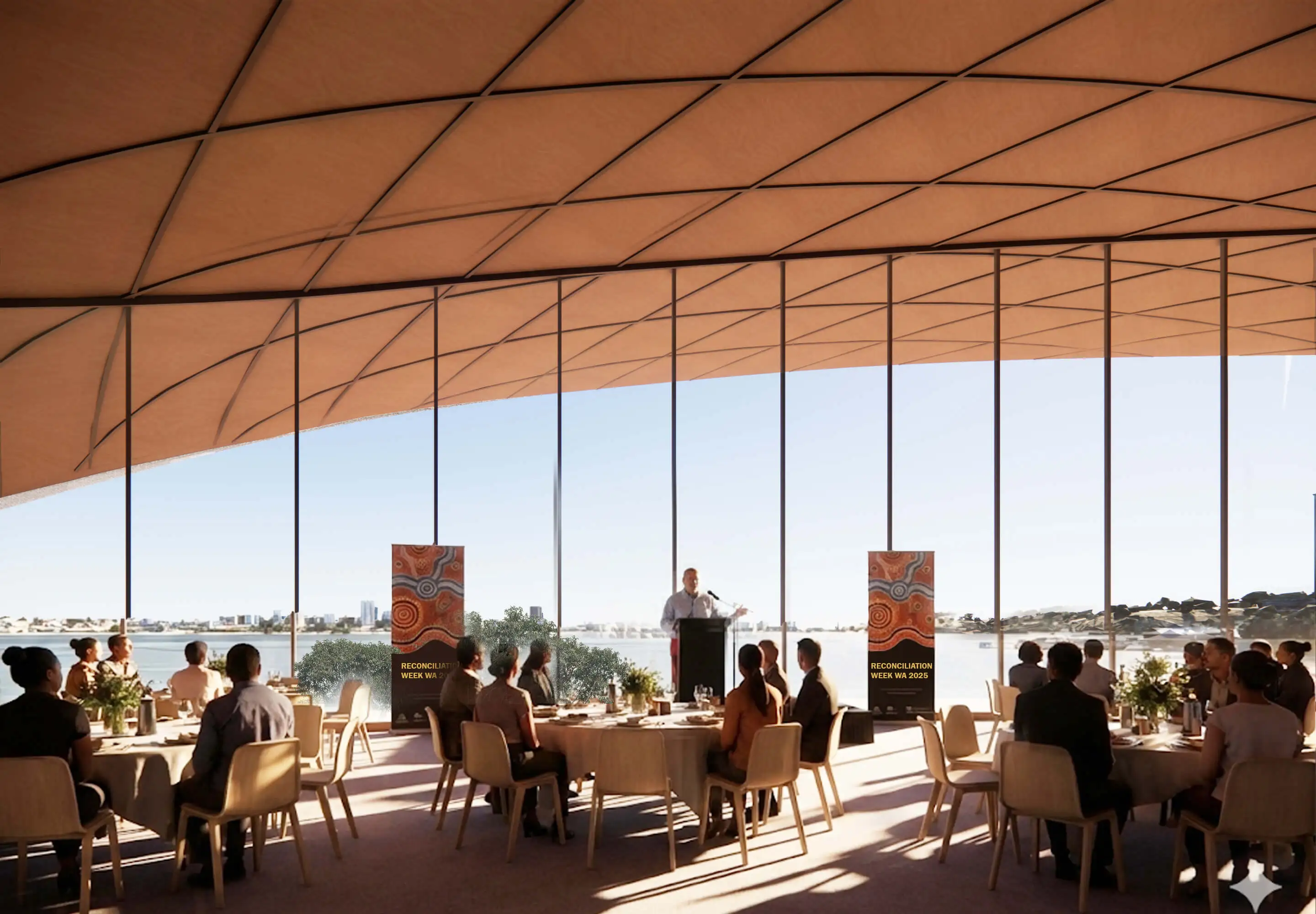 Artist impression of man giving a presentation standing in front of a group of people sitting around tables