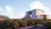 a building with trees around it