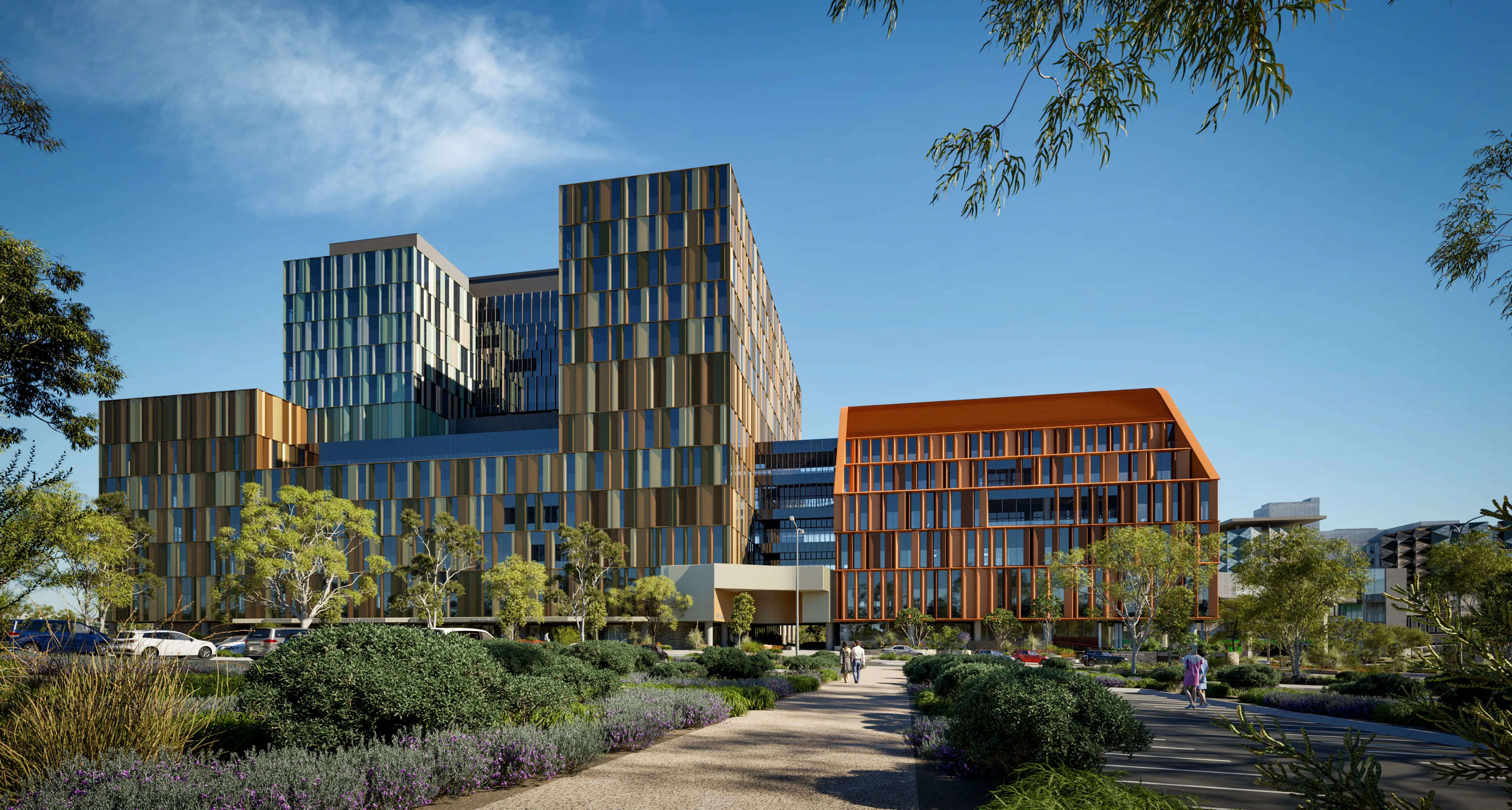 Artist impression of new women and babies hospital front entrance with garden 