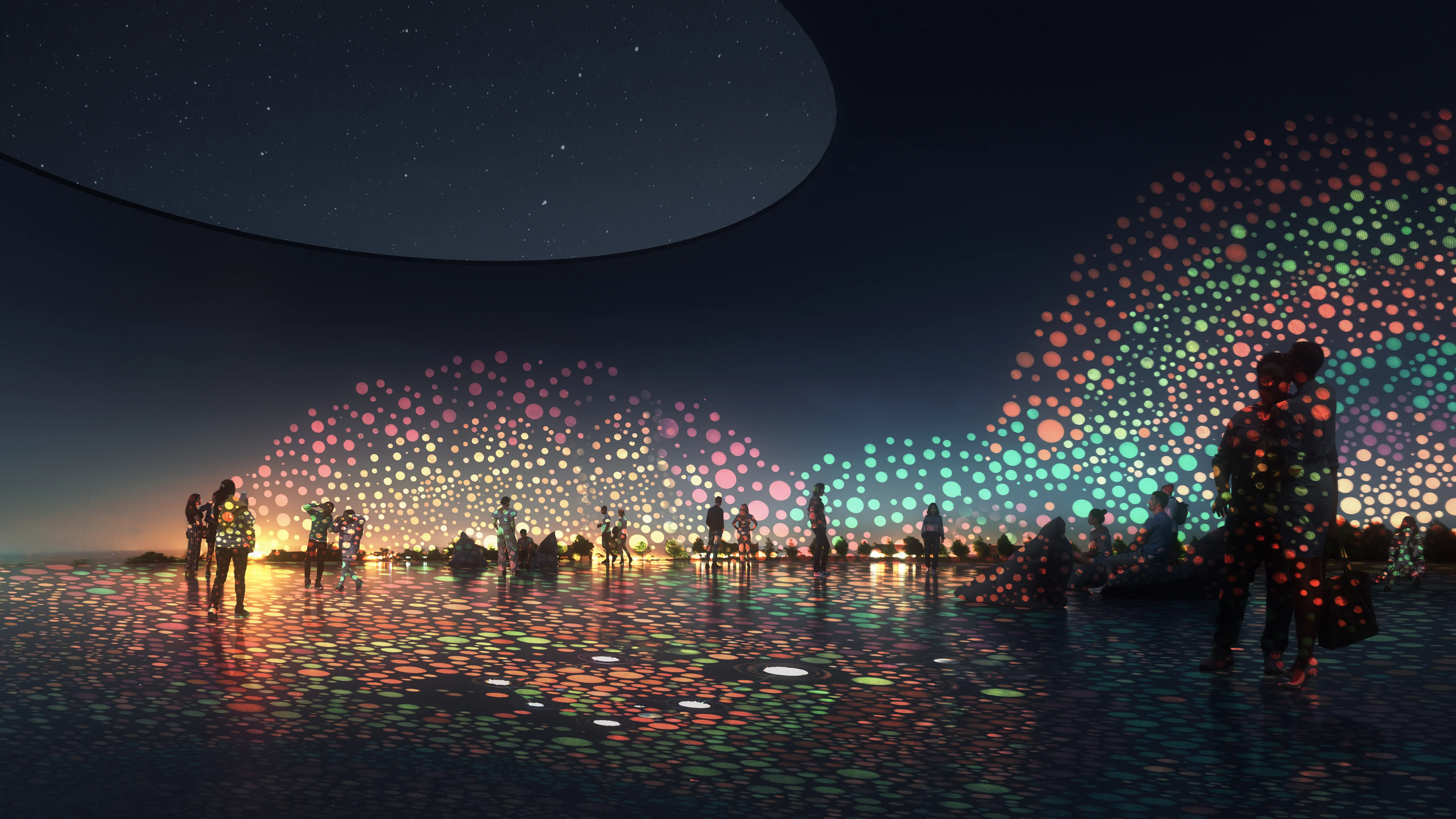 a group of people standing in a puddle with colourful lights
