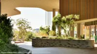 a building with a large planter